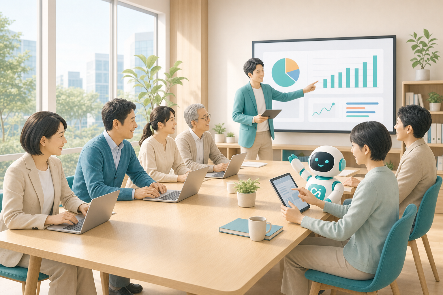 熊本の中小企業の社員が、初心者でも笑顔で生成AIを体験している様子。AiRaiseのAI勉強会・実践会のイメージ